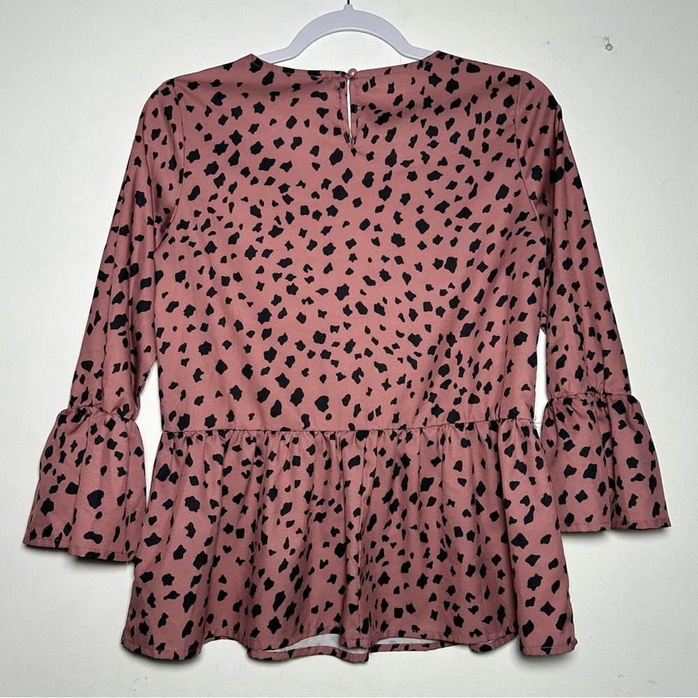 Pink Dalmatian Print Peplum Top Ruffle 3/4 Sleeve Keyhole Back XS US 2 - Picture 9 of 9
